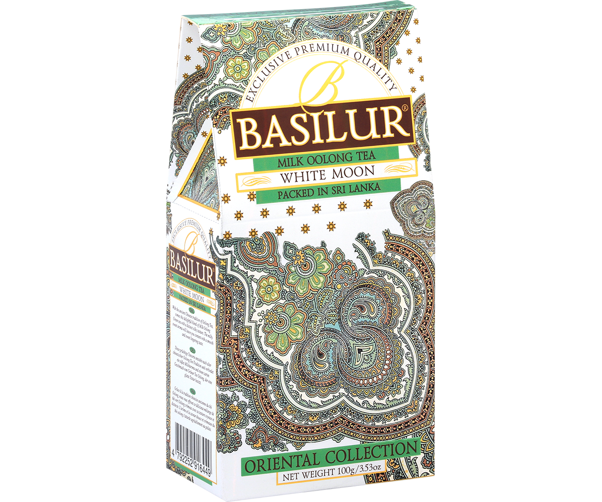 Bok pudełka Basilur White Moon z orientalnym motywem i eleganckim zdobieniem.