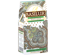 Bok pudełka Basilur White Moon z orientalnym motywem i eleganckim zdobieniem.