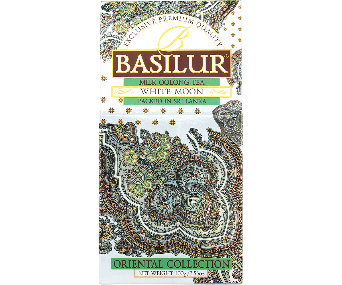 Przód opakowania herbaty Basilur White Moon – mleczna herbata oolong.