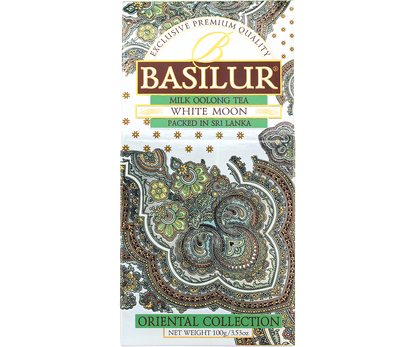 Przód opakowania herbaty Basilur White Moon – mleczna herbata oolong.