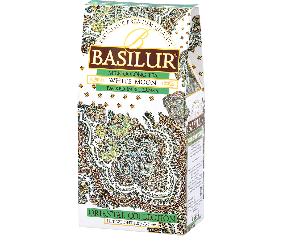Herbata Basilur White Moon w luksusowym opakowaniu z orientalnym wzorem.