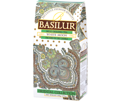 Herbata Basilur White Moon w luksusowym opakowaniu z orientalnym wzorem.