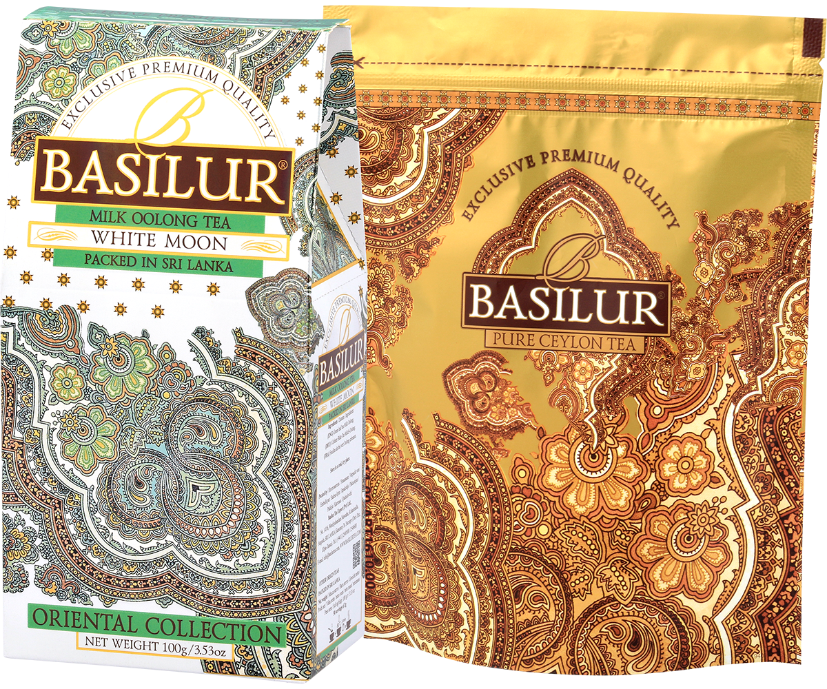 Opakowanie herbaty Basilur White Moon z kolekcji Oriental Collection oraz złoty worek foliowy.