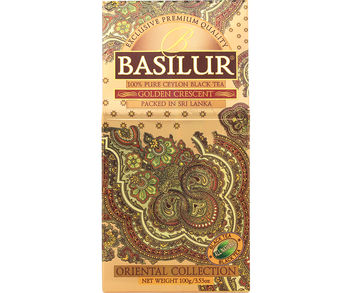 Herbata Basilur Golden Crescent w ozdobnym złotym opakowaniu z orientalnym wzorem.