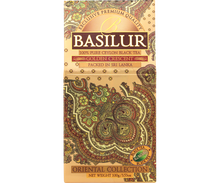 Herbata Basilur Golden Crescent w ozdobnym złotym opakowaniu z orientalnym wzorem.