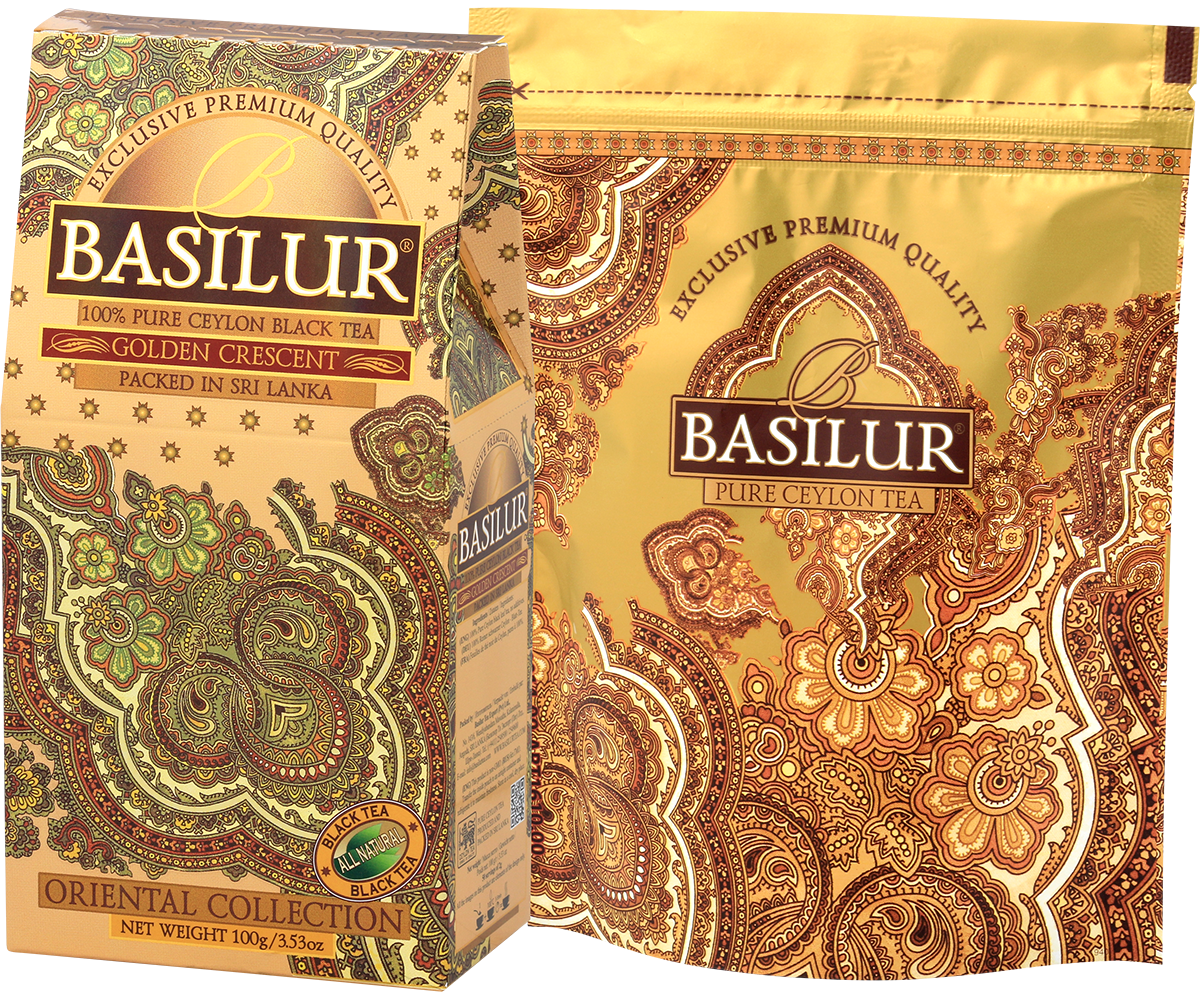 Basilur Golden Crescent z dołączonym opakowaniem refill w złotej torebce.