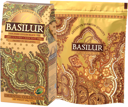 Basilur Golden Crescent z dołączonym opakowaniem refill w złotej torebce.