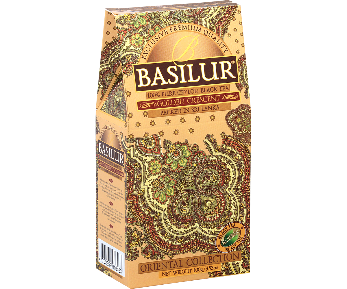 Opakowanie herbaty Basilur Golden Crescent widok z boku, elegancki motyw paisley.