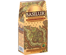 Opakowanie herbaty Basilur Golden Crescent widok z boku, elegancki motyw paisley.