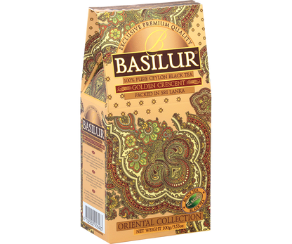 Opakowanie herbaty Basilur Golden Crescent widok z boku, elegancki motyw paisley.