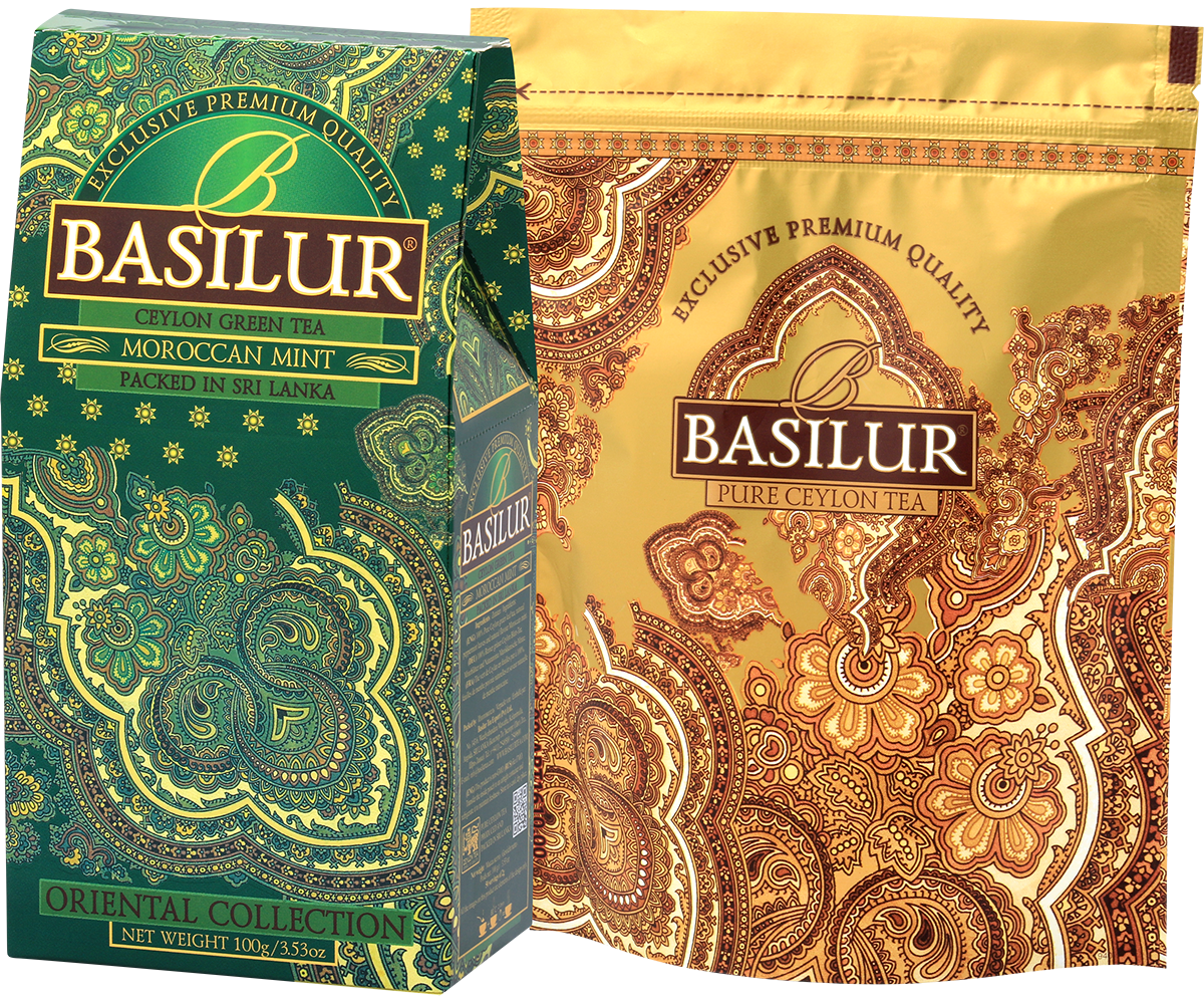 Zielone opakowanie herbaty Basilur Moroccan Mint z foliowym wnętrzem, orientalny design.