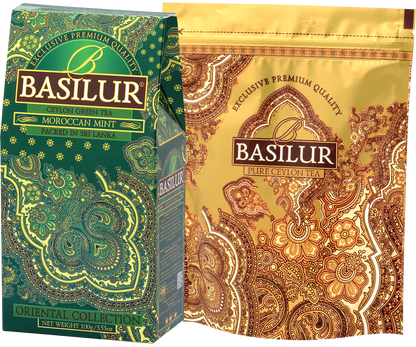 Zielone opakowanie herbaty Basilur Moroccan Mint z foliowym wnętrzem, orientalny design.