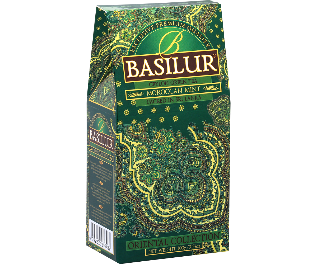 Bok opakowania Basilur Moroccan Mint z bogatym orientalnym wzorem.