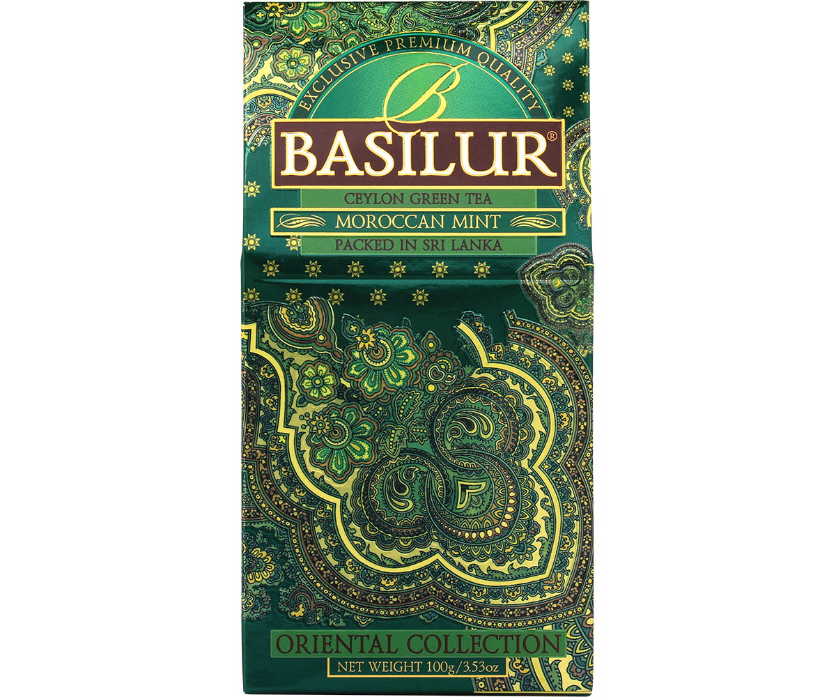 Opakowanie herbaty Basilur Moroccan Mint – zielona herbata cejlońska z miętą.