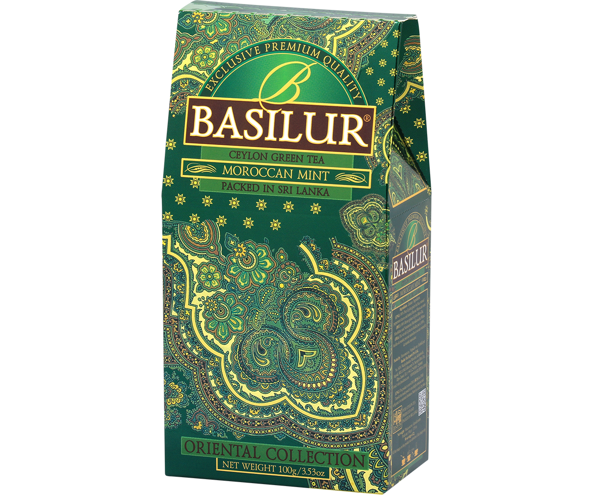 Zielone pudełko herbaty Basilur Moroccan Mint z kolekcji Oriental Collection.