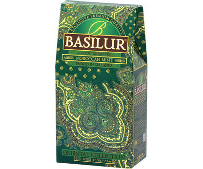 Zielone pudełko herbaty Basilur Moroccan Mint z kolekcji Oriental Collection.