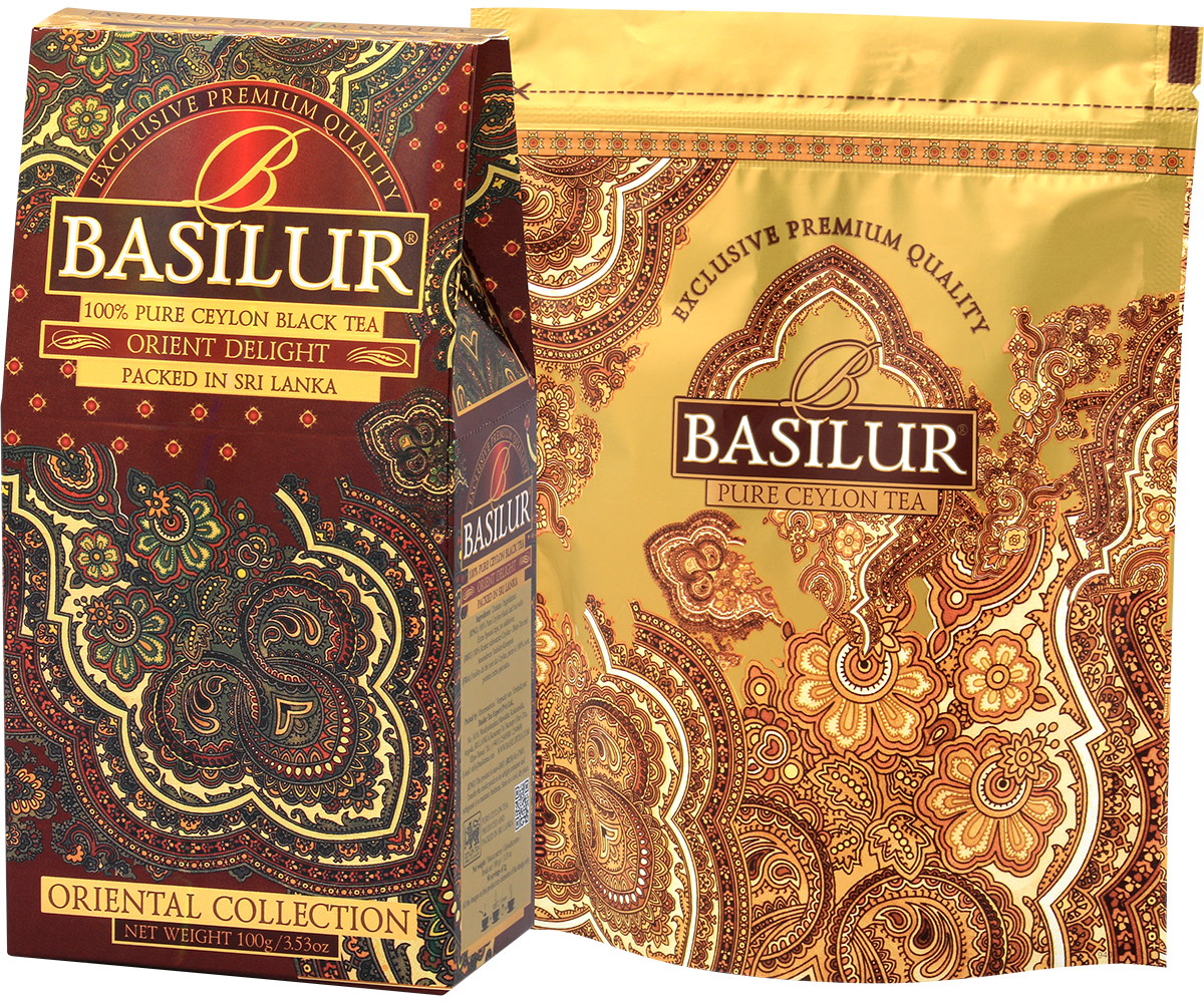 Pudełko herbaty Basilur Orient Delight z foliowym złotym wnętrzem, elegancki orientalny design.