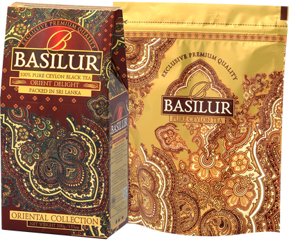 Pudełko herbaty Basilur Orient Delight z foliowym złotym wnętrzem, elegancki orientalny design.