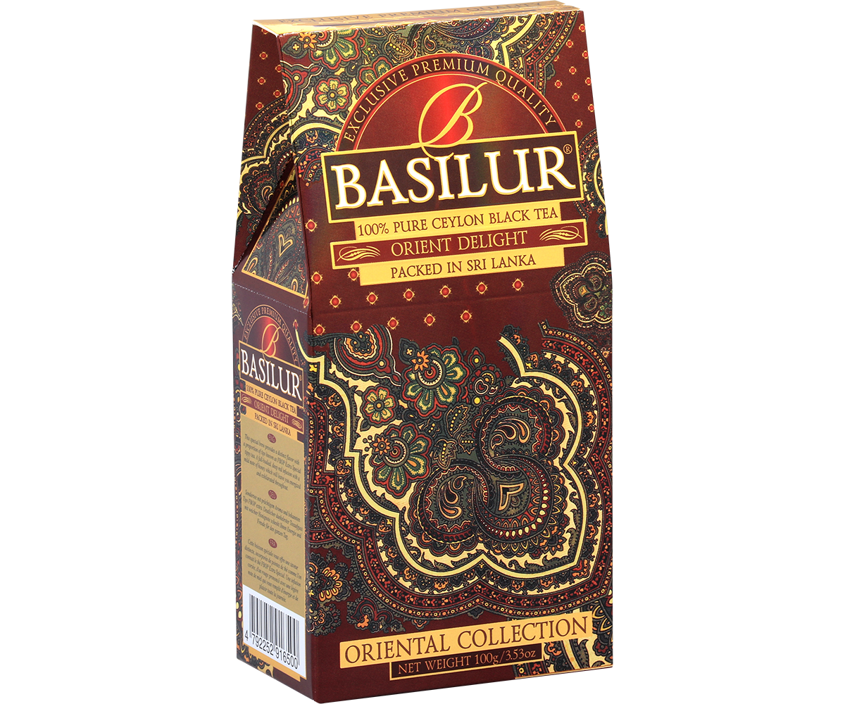 Bok pudełka Basilur Orient Delight z ozdobnym orientalnym motywem.