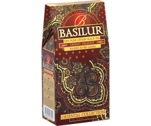 Bok pudełka Basilur Orient Delight z ozdobnym orientalnym motywem.