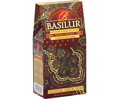 Bok pudełka Basilur Orient Delight z ozdobnym orientalnym motywem.