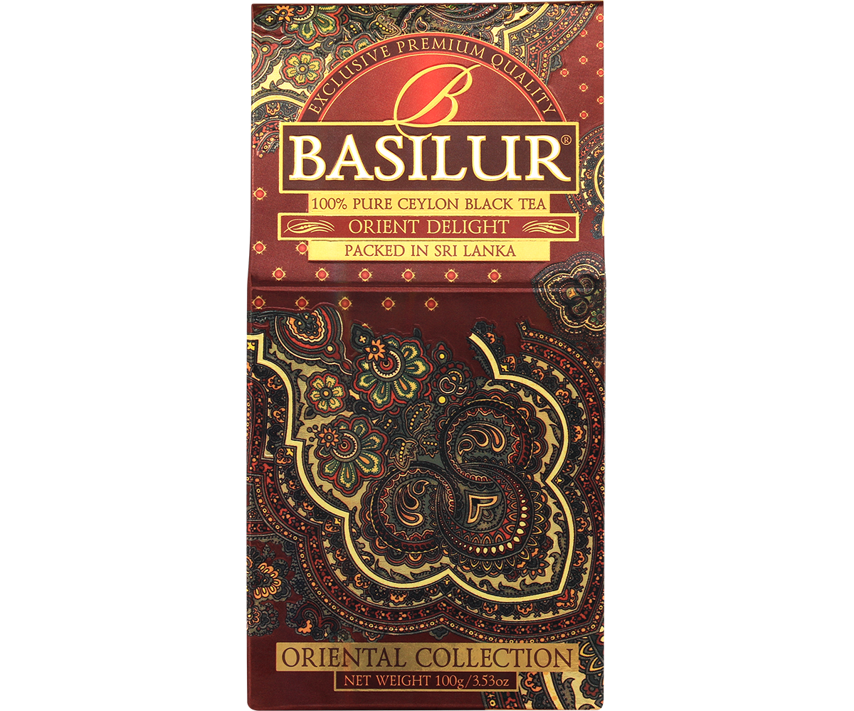 Opakowanie Basilur Orient Delight z kolekcji Oriental Collection w bordowo-złotych barwach.