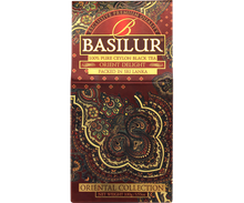 Opakowanie Basilur Orient Delight z kolekcji Oriental Collection w bordowo-złotych barwach.