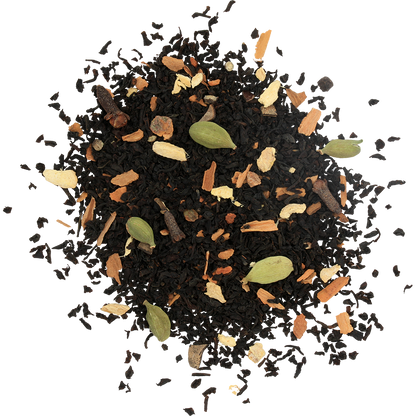 Zbliżenie na liście herbaty Basilur Masala Chai z kardamonem, imbirem i cynamonem