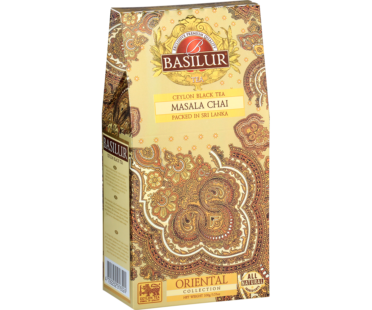 Bok opakowania Basilur Masala Chai z opisem i logo Basilur