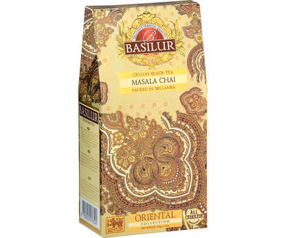 Bok opakowania Basilur Masala Chai z opisem i logo Basilur
