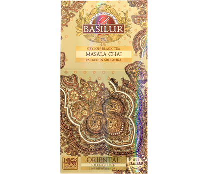 Front opakowania Basilur Masala Chai z orientalnym złotym wzorem