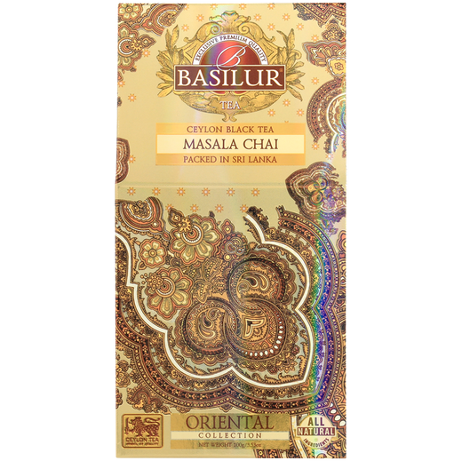Front opakowania Basilur Masala Chai z orientalnym złotym wzorem