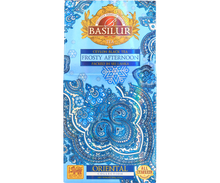 Herbata Basilur Frosty Afternoon w ozdobnym niebieskim opakowaniu z orientalnym motywem.