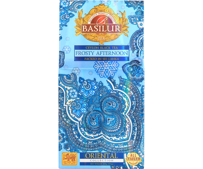 Herbata Basilur Frosty Afternoon w ozdobnym niebieskim opakowaniu z orientalnym motywem.