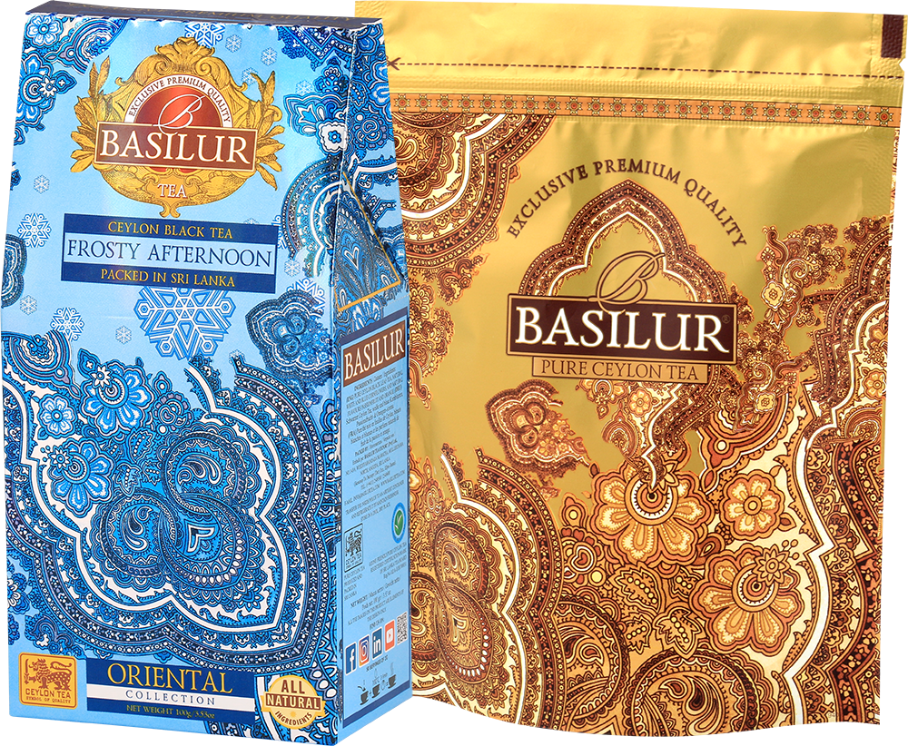 Basilur Frosty Afternoon z dołączonym opakowaniem refill w eleganckiej złoto-niebieskiej stylistyce.