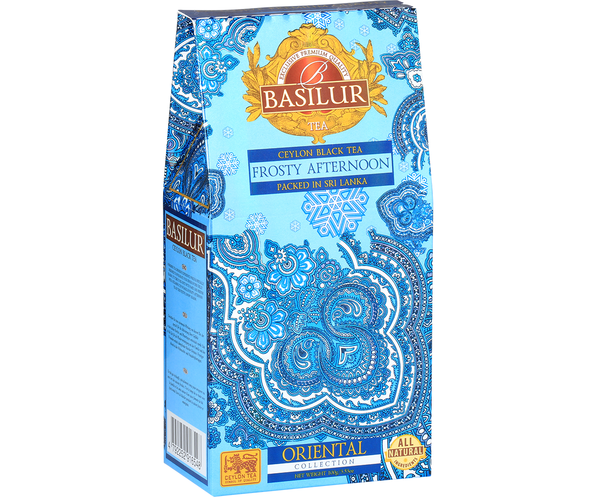 Opakowanie herbaty Basilur Frosty Afternoon z kolekcji Oriental Collection widok z boku.