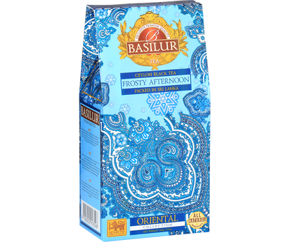 Opakowanie herbaty Basilur Frosty Afternoon z kolekcji Oriental Collection widok z boku.