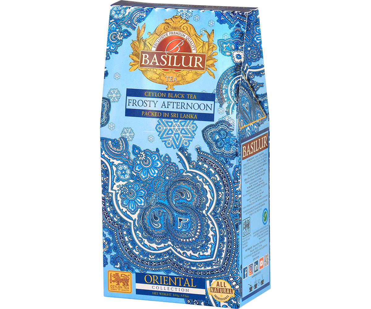 Herbata Basilur Frosty Afternoon w błękitnym pudełku z orientalnym zdobieniem i logo marki.