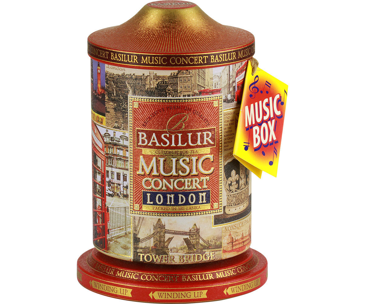 Widok boczny puszki Basilur Music Concert London z londyńskimi motywami.