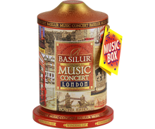 Widok boczny puszki Basilur Music Concert London z londyńskimi motywami.