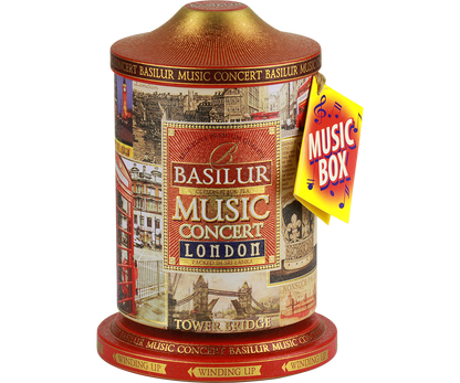 Widok boczny puszki Basilur Music Concert London z londyńskimi motywami.