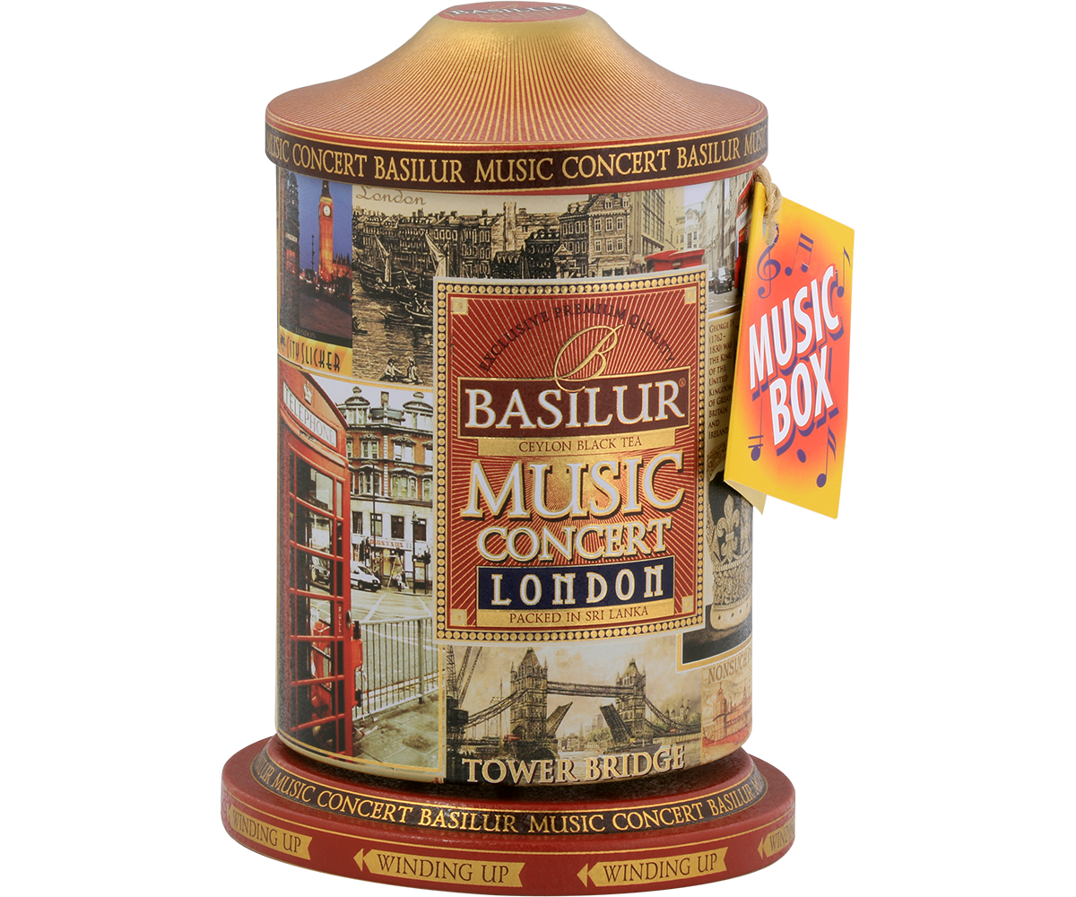 Herbata Basilur Music Concert London w dekoracyjnej puszce z tagiem Music Box.
