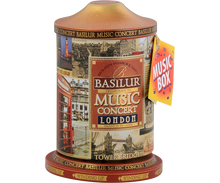 Herbata Basilur Music Concert London w dekoracyjnej puszce z tagiem Music Box.