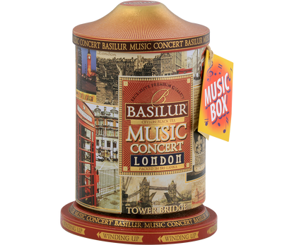 Herbata Basilur Music Concert London w dekoracyjnej puszce z tagiem Music Box.