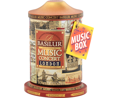 Puszka Basilur Music Concert London z motywem Tower Bridge i napisem Music Box.