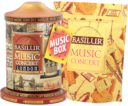 Herbata Basilur Music Concert London z ozdobnym pudełkiem w stylu muzycznym.