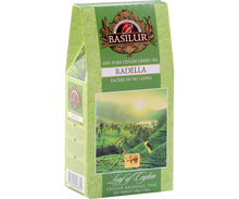 Boczne ujęcie pudełka Basilur Radella Green – 100% czysta herbata z Cejlonu.