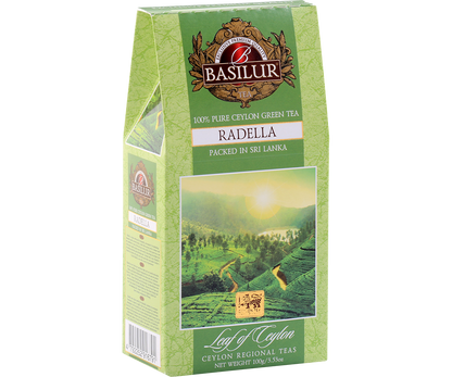 Boczne ujęcie pudełka Basilur Radella Green – 100% czysta herbata z Cejlonu.