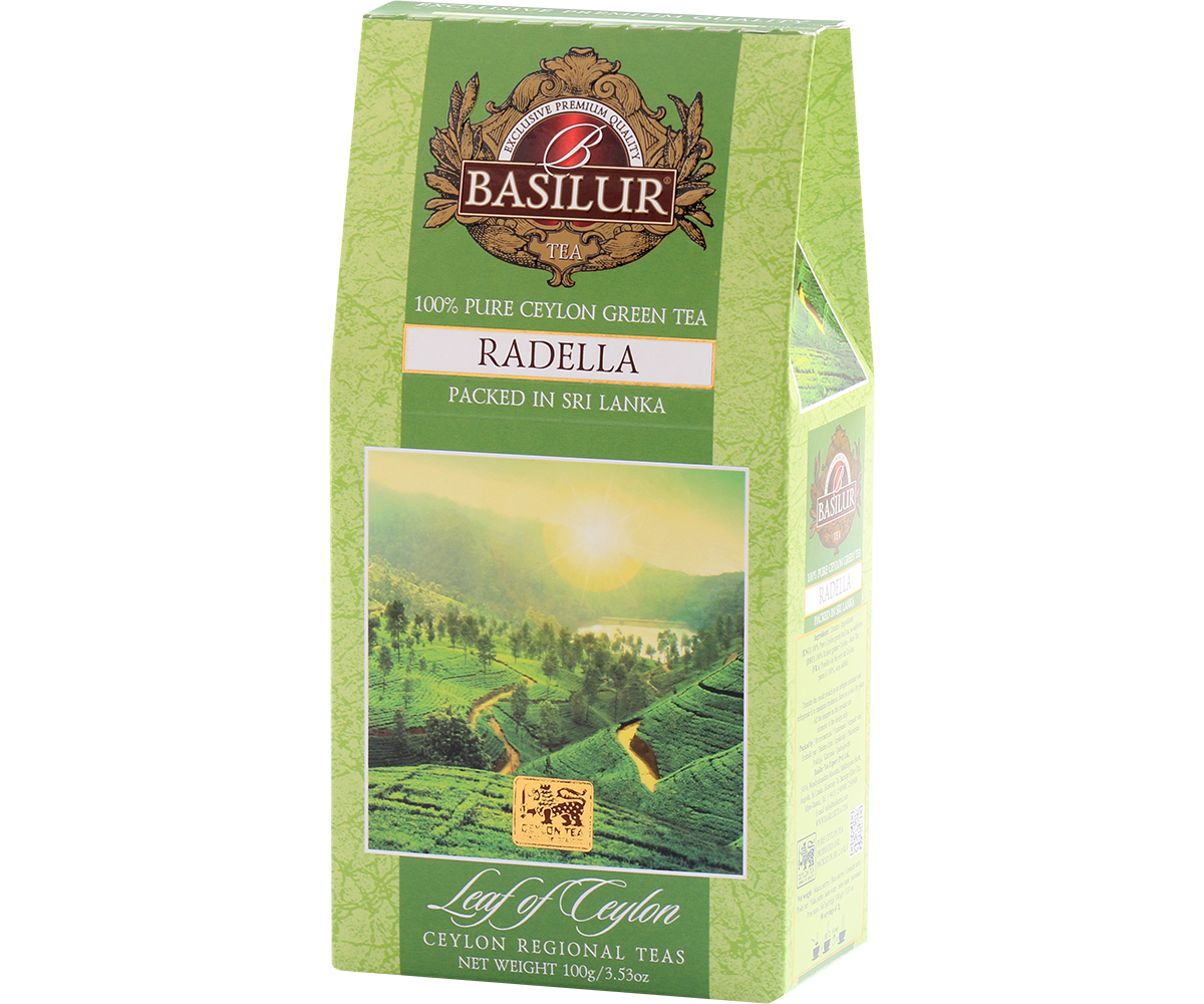Zielone opakowanie herbaty Basilur Radella Green z górskim krajobrazem Cejlonu.