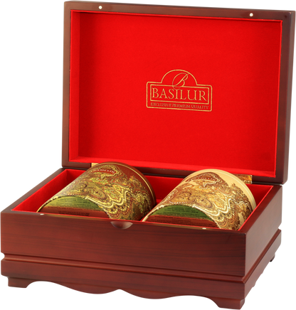 Zestaw Basilur Oriental Collection 2 z dwiema złotymi puszkami herbat Ceylon.